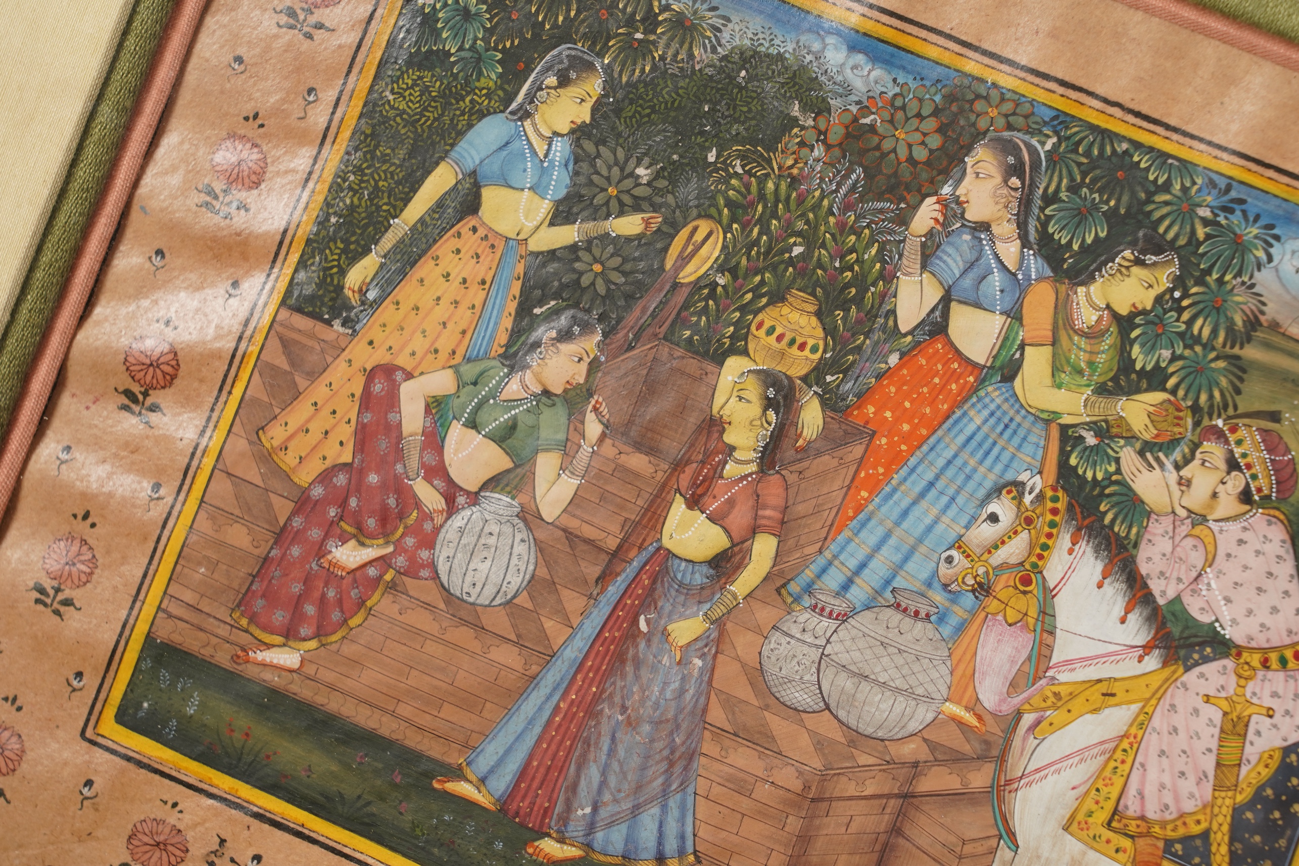 Indo-Persian school , (19th century), Mughal court scenes, Two gouache miniature paintings, Inscribed picture 18cm x 26.5cm, the second including borders 16.5cm x 26.5 cm
